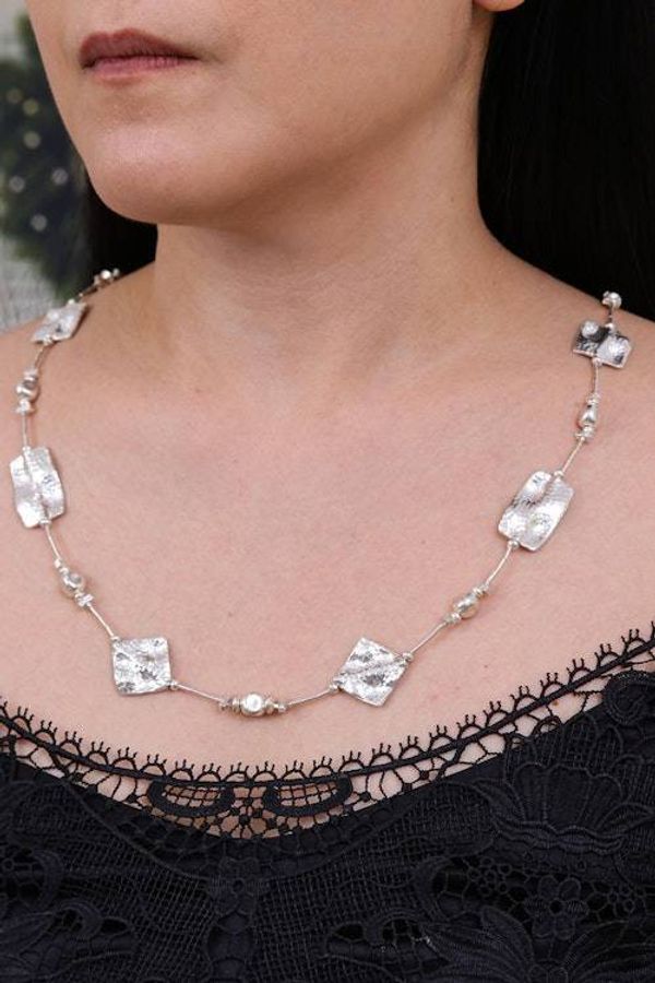 Alternate image for Thai Handmade Hammered 950 Silver Station Beaded Necklace Vestiges of Light