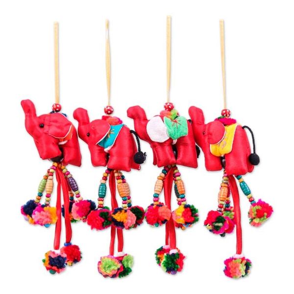 Alternate image for Thai Elephant 4-Piece Cotton Blend Ornament Set in Red Hues Elephants of Red