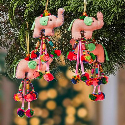 Alternate image for Folk Art 4-Piece Cotton Blend Elephant Ornament Set in Peach Grace of Giants