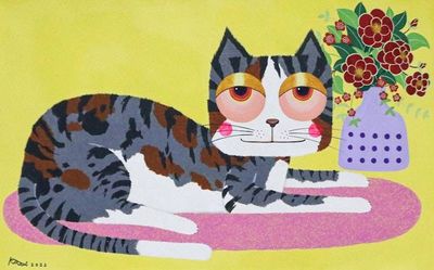 Primary image for Naif-Inspired Acrylic on Canvas Painting of Cat and Flowers Lazy Afternoon with Flowers