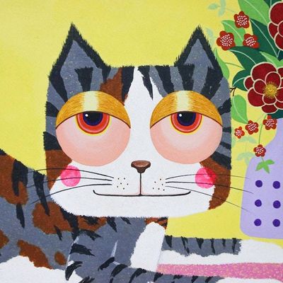 Alternate image for Naif-Inspired Acrylic on Canvas Painting of Cat and Flowers Lazy Afternoon with Flowers