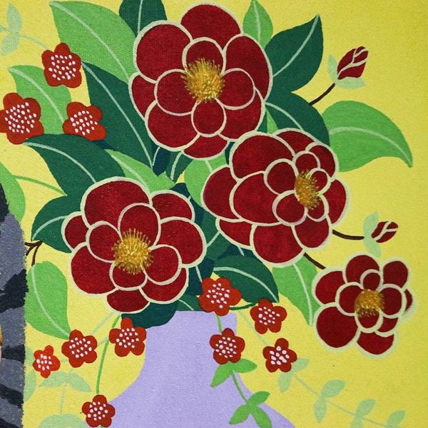 Alternate image for Naif-Inspired Acrylic on Canvas Painting of Cat and Flowers Lazy Afternoon with Flowers