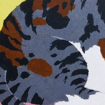 Alternate image for Naif-Inspired Acrylic on Canvas Painting of Cat and Flowers Lazy Afternoon with Flowers