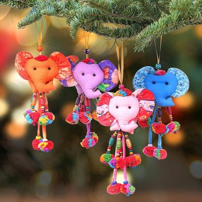 Alternate image for Handcrafted Cotton Blend Elephant Ornaments Set of 4 Happy Parade