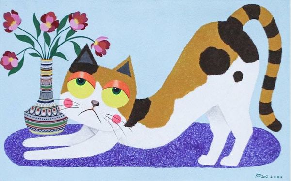 Alternate image for Whimsical Cat-Themed Naif-Themed Acrylic on Canvas Painting Morning Stretch in Bloom