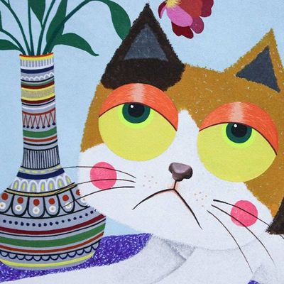 Alternate image for Whimsical Cat-Themed Naif-Themed Acrylic on Canvas Painting Morning Stretch in Bloom