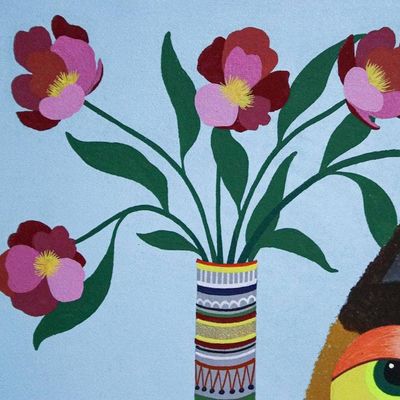 Alternate image for Whimsical Cat-Themed Naif-Themed Acrylic on Canvas Painting Morning Stretch in Bloom