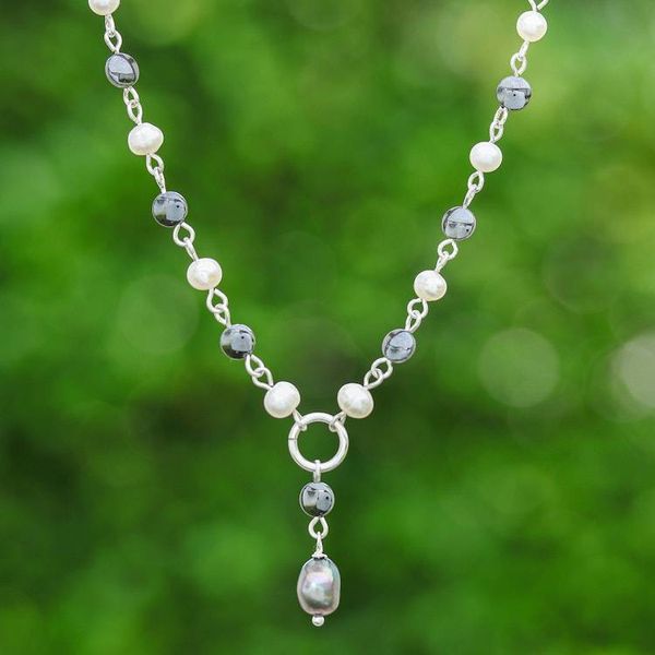 Alternate image for Cultured Pearl Hematite Sterling Silver Y Pendant Necklace Contrasting Glow