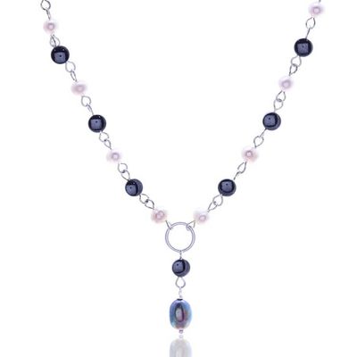 Alternate image for Cultured Pearl Hematite Sterling Silver Y Pendant Necklace Contrasting Glow