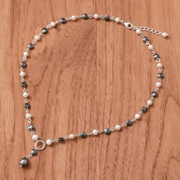 Alternate image for Cultured Pearl Hematite Sterling Silver Y Pendant Necklace Contrasting Glow