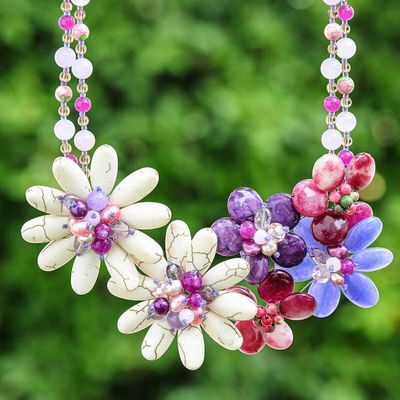Primary image for Floral-Themed Multi-Gemstone Beaded Statement Necklace Exotic Garden