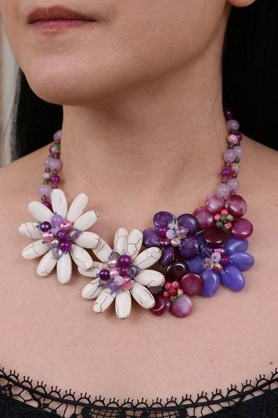 Alternate image for Floral-Themed Multi-Gemstone Beaded Statement Necklace Exotic Garden