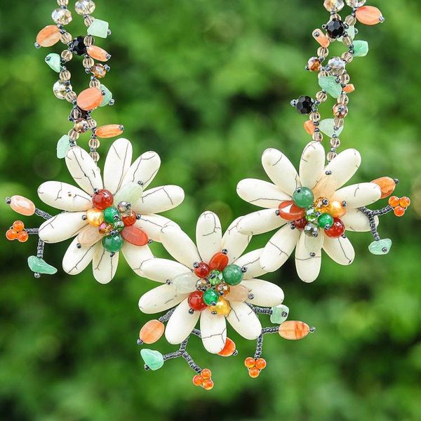 Alternate image for Multi-Gemstone Statement Necklace with Tropical Flower Theme Tropical Blooms