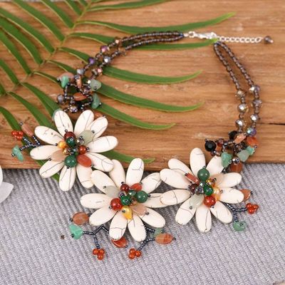 Alternate image for Multi-Gemstone Statement Necklace with Tropical Flower Theme Tropical Blooms
