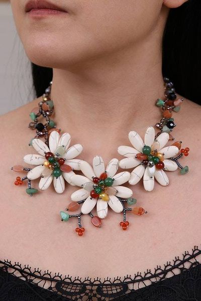 Alternate image for Multi-Gemstone Statement Necklace with Tropical Flower Theme Tropical Blooms