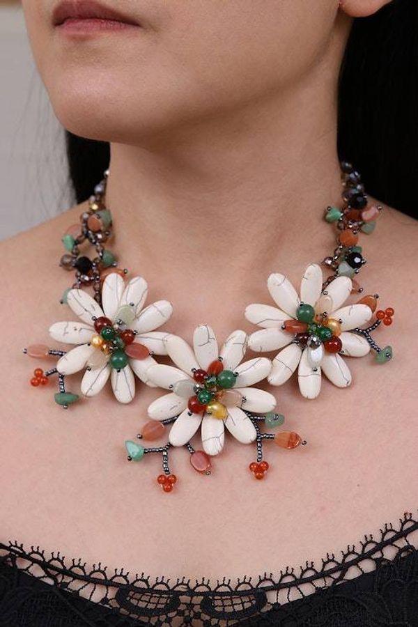 Alternate image for Multi-Gemstone Statement Necklace with Tropical Flower Theme Tropical Blooms