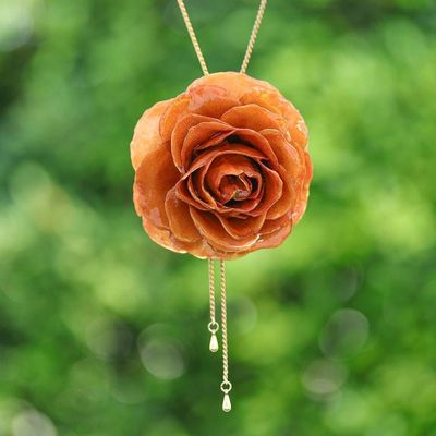 Primary image for Resin Dipped Real Peach Rose 24K Gold Plated Lariat Necklace Peachy Rose