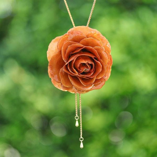 Alternate image for Resin Dipped Real Peach Rose 24K Gold Plated Lariat Necklace Peachy Rose