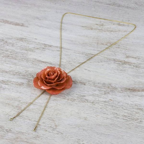 Alternate image for Resin Dipped Real Peach Rose 24K Gold Plated Lariat Necklace Peachy Rose