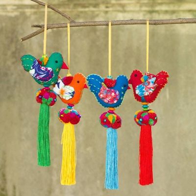 Alternate image for 4 Birds and Brass Bells Artisan Crafted Multicolor Ornaments Happy Thai Doves