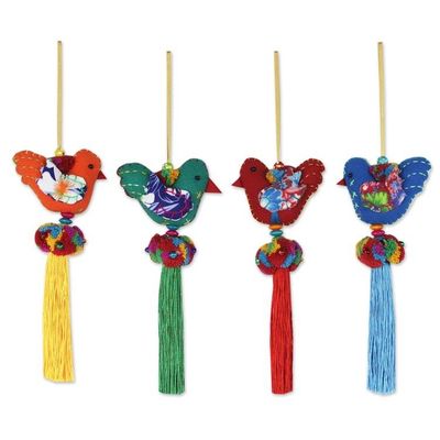 Alternate image for 4 Birds and Brass Bells Artisan Crafted Multicolor Ornaments Happy Thai Doves