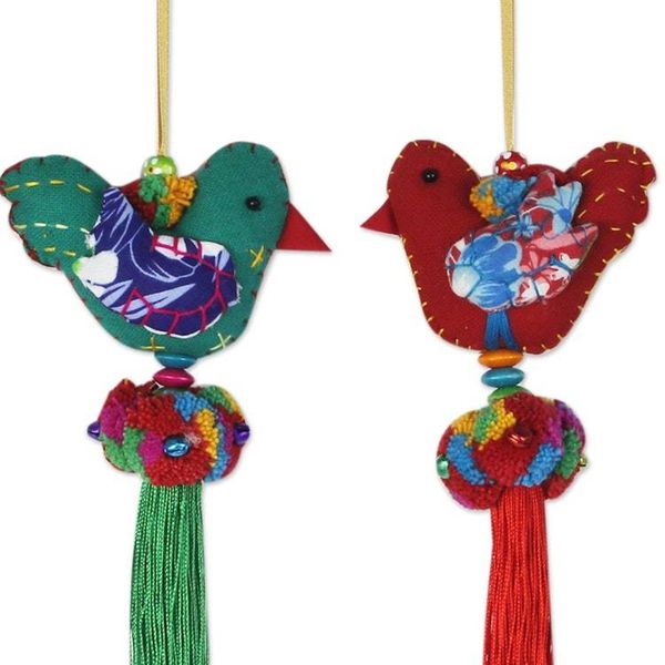 Alternate image for 4 Birds and Brass Bells Artisan Crafted Multicolor Ornaments Happy Thai Doves