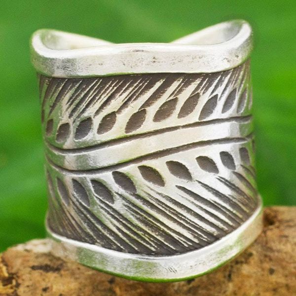 Alternate image for Karen Hill Tribe Handcrafted Leaf Theme Wide Silver Ring Karen Leaves