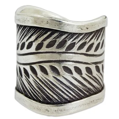 Alternate image for Karen Hill Tribe Handcrafted Leaf Theme Wide Silver Ring Karen Leaves
