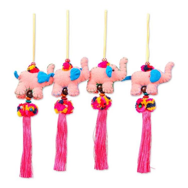 Alternate image for 4-Piece Cotton Blend Elephant Ornament Set in Old Rose Hues Rose Parade
