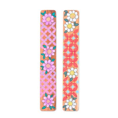 Alternate image for Floral 2-Piece Hand-Painted Carved Longan Wood Bookmark Set Blossoming Pages