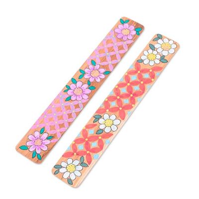Alternate image for Floral 2-Piece Hand-Painted Carved Longan Wood Bookmark Set Blossoming Pages