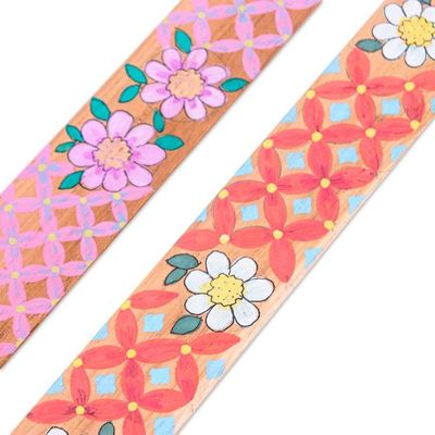 Alternate image for Floral 2-Piece Hand-Painted Carved Longan Wood Bookmark Set Blossoming Pages