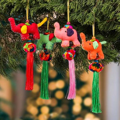 Alternate image for Thai Artisan-Made 4-Piece Cotton Blend Elephant Ornament Set Vibrant Parade