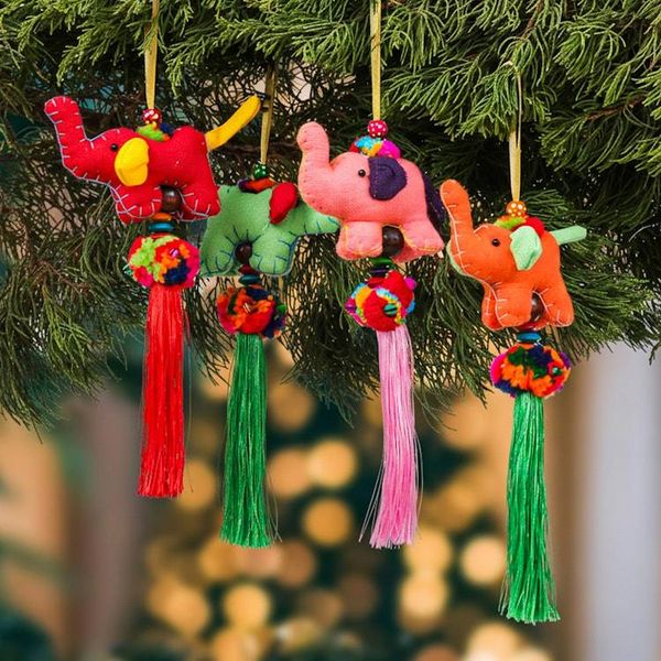 Alternate image for Thai Artisan-Made 4-Piece Cotton Blend Elephant Ornament Set Vibrant Parade