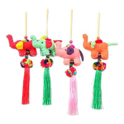 Alternate image for Thai Artisan-Made 4-Piece Cotton Blend Elephant Ornament Set Vibrant Parade