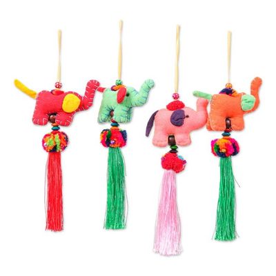 Alternate image for Thai Artisan-Made 4-Piece Cotton Blend Elephant Ornament Set Vibrant Parade