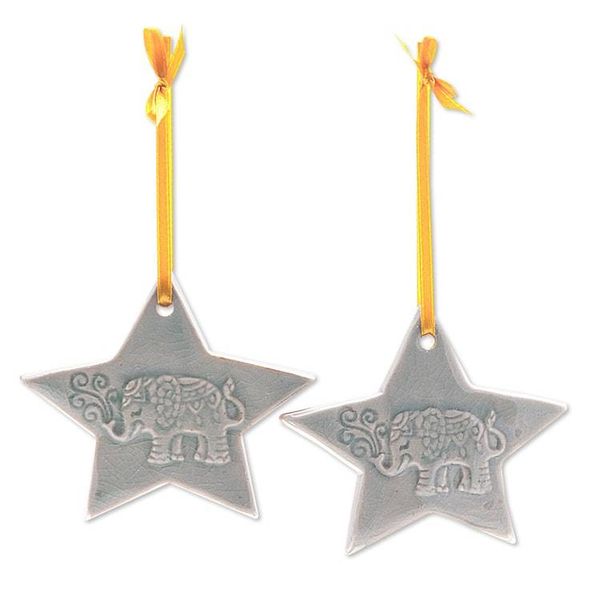 Alternate image for 2 Elephant Star-Themed Celadon Ceramic Christmas Ornaments Lucky Elephant Stars