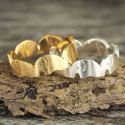 Alternate image for Gold Plated and Sterling Silver Band Rings Pair Romantic Elephants