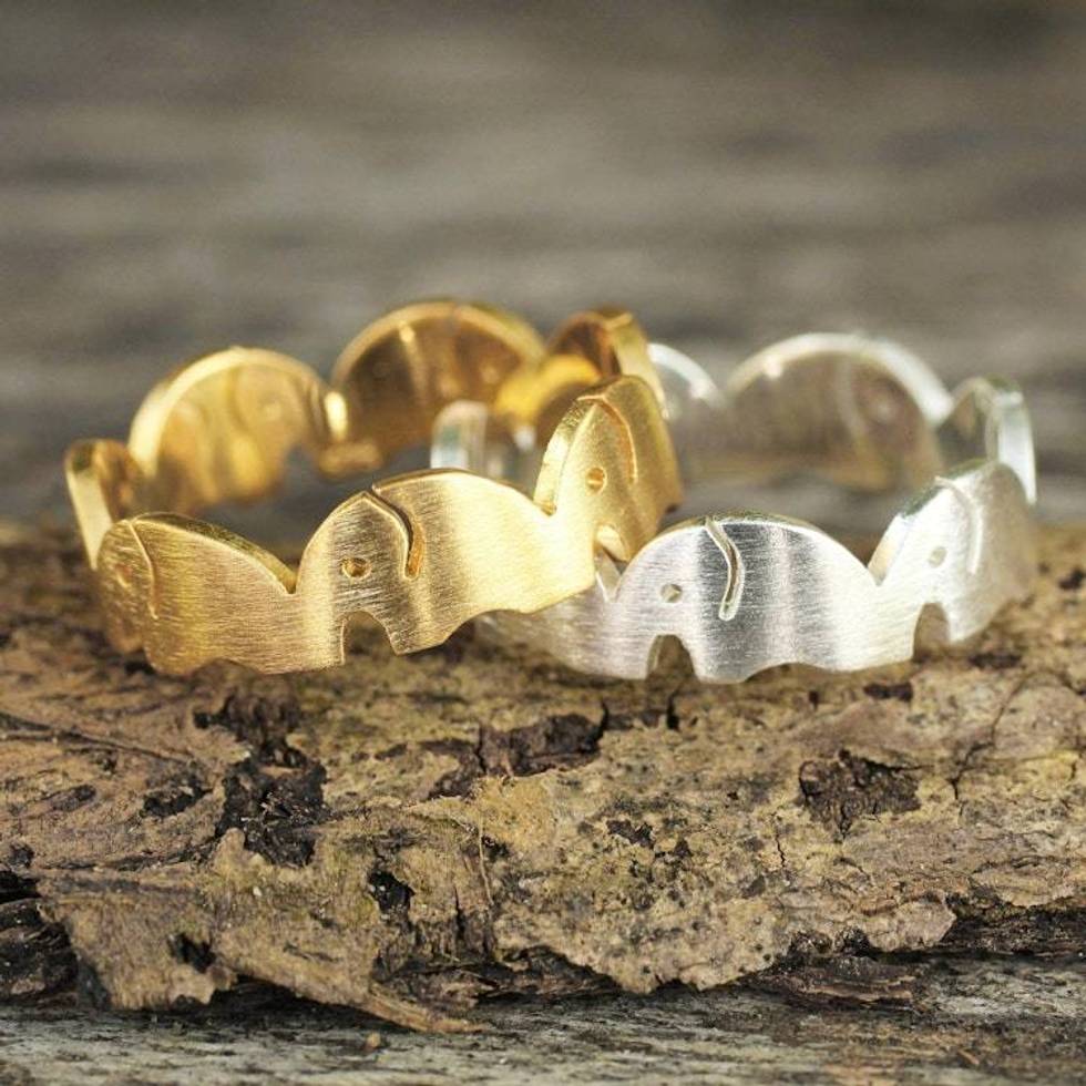 Gold Plated and Sterling Silver Band Rings Pair 'Romantic Elephants'