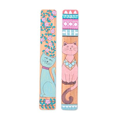 Alternate image for Hand-Painted Cat-Themed 2-Piece Longan Wood Bookmark Set Feline Literature