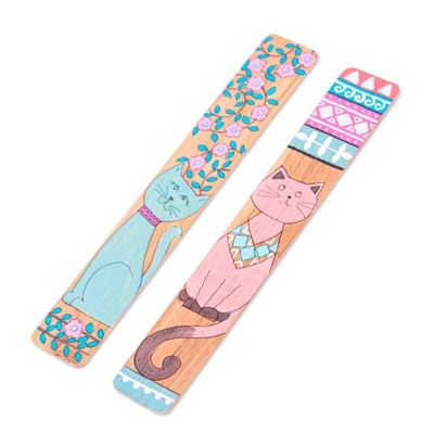 Alternate image for Hand-Painted Cat-Themed 2-Piece Longan Wood Bookmark Set Feline Literature