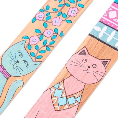 Alternate image for Hand-Painted Cat-Themed 2-Piece Longan Wood Bookmark Set Feline Literature