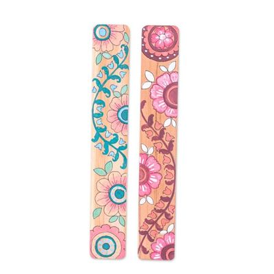 Alternate image for Spring-Themed Pink and Green 2-Piece Wooden Bookmark Set Primaveral Tales