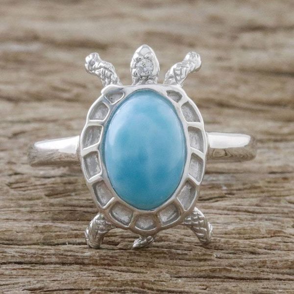 Alternate image for Larimar and Textured Sterling Silver Turtle Cocktail Ring Seaside Turtle