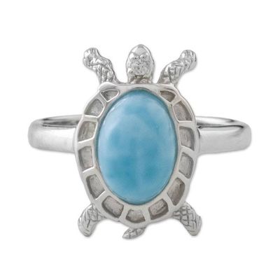 Alternate image for Larimar and Textured Sterling Silver Turtle Cocktail Ring Seaside Turtle