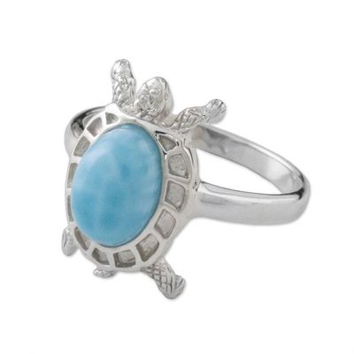 Alternate image for Larimar and Textured Sterling Silver Turtle Cocktail Ring Seaside Turtle