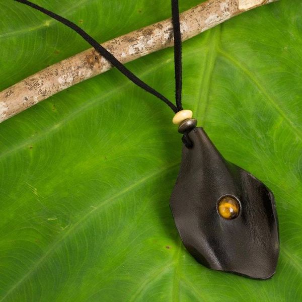 Alternate image for Mens Black Leather Tigers Eye Pendant Necklace Thai Cowboy in Black