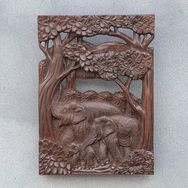 Alternate image for Hand Made Teak Wood Elephant Relief Panel Joyful Family