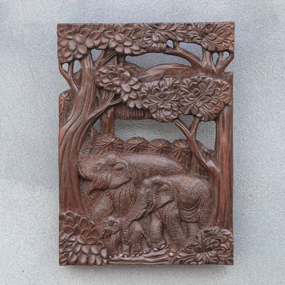 Hand Made Teak Wood Elephant Relief Panel 'Joyful Family'