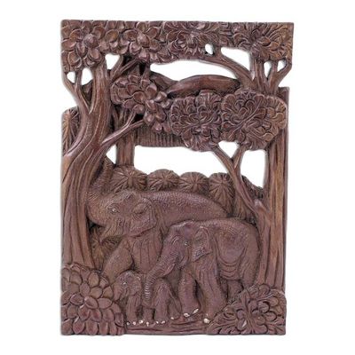 Alternate image for Hand Made Teak Wood Elephant Relief Panel Joyful Family